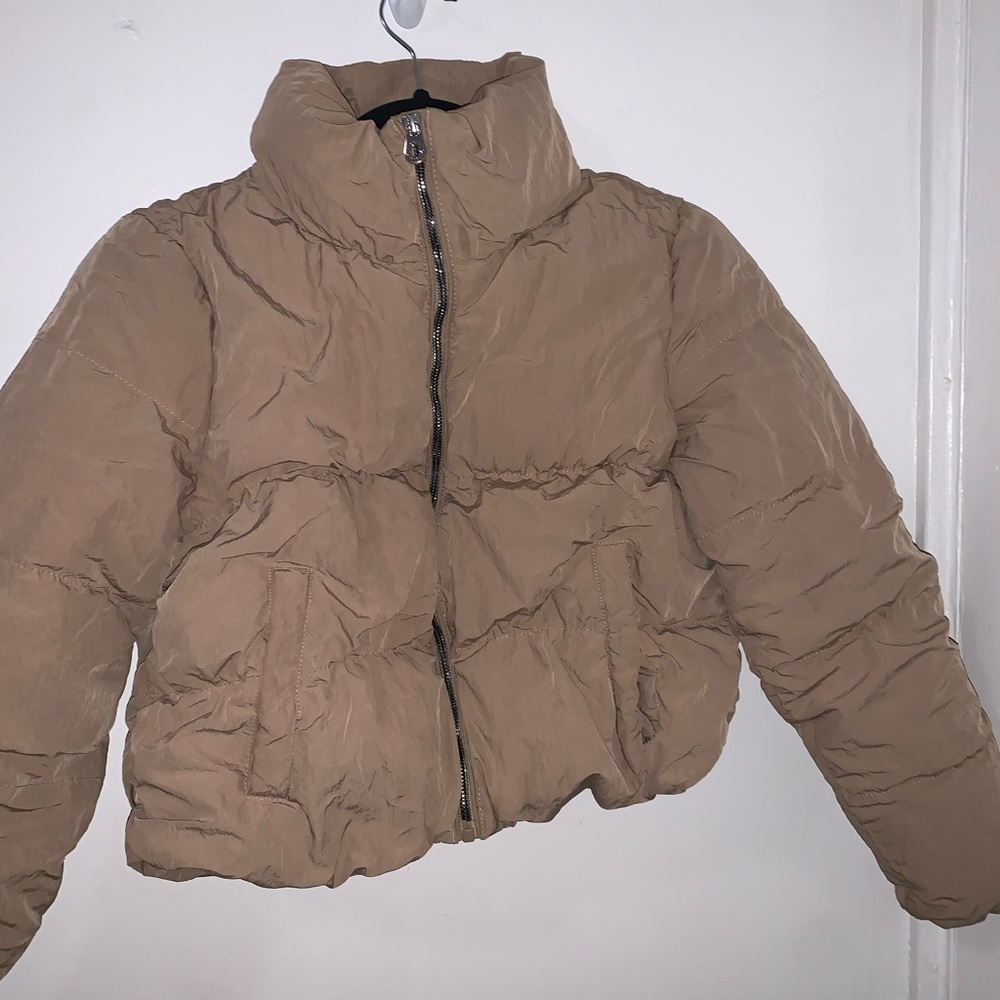 puffy tan cropped jacket